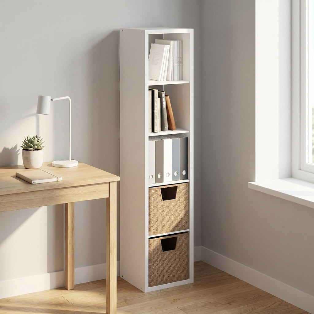 Cubicle Book Shelf, 5-Cube Bookshelf, Extra Thick Frame Horizontally & Vertically Reversible Bookcase with Open Back, 14.6 x 15.9 x 72, for Living Room, Bedroom, Home Office, Plain White