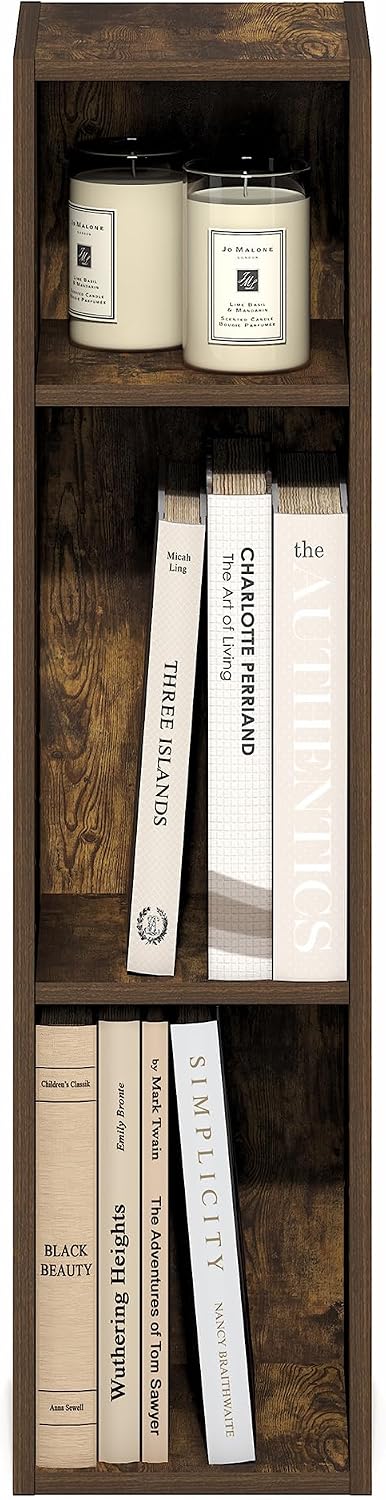 Fulda Book Shelf, 3-Tier Narrow Bookshelf, Bookcase with 8-in Width Storage Shelf, 9.3 x 7.9 x 31.5, for Living Room, Bedroom, Home Office, Amber Pine