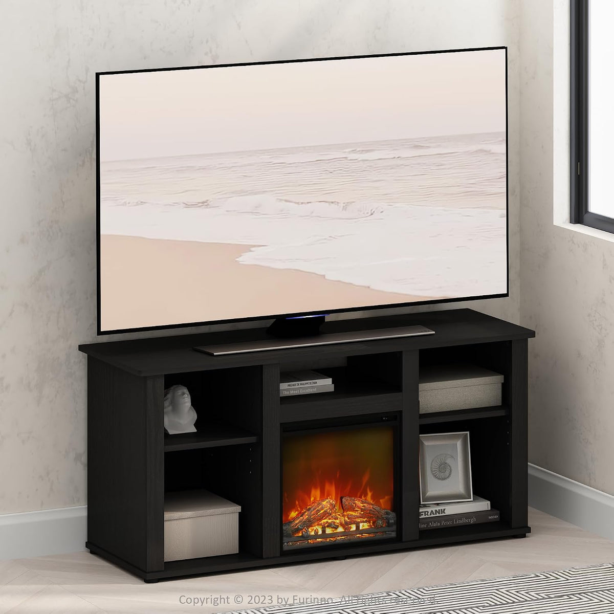 Jensen Fireplace TV Stand, NO Heat Decorative Electric Fireplace Corner TV Stand for TV up to 55 Inch, with 5 Open Shelves, for Living Room, Americano