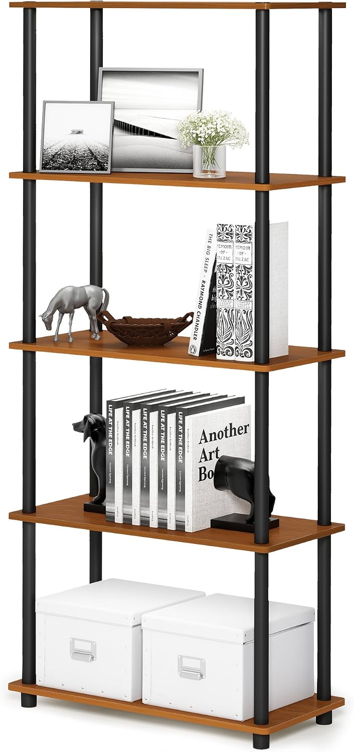 Wire Book Shelf, 5-Tier Industrial Style Metal Frame Bookcase, Display Shelf, 24 Wide, Walnut Cove
