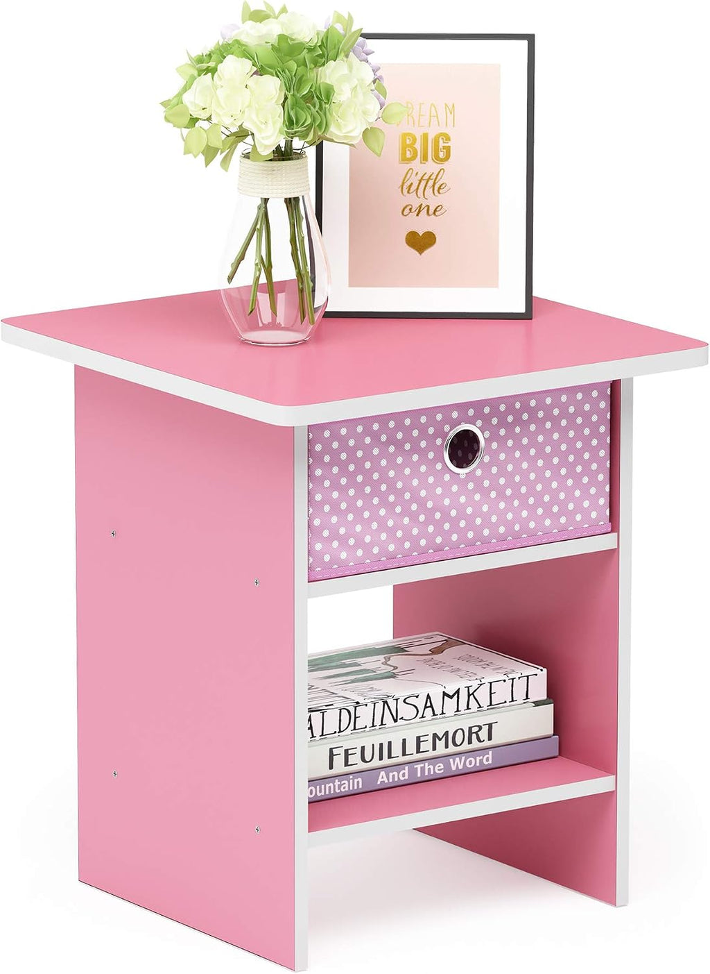 Dario Side Table with Bin Drawer, Pink End Table with Open Shelves, Night Stand, Bedside Table for Living Room, Bedroom, Home Office, for Living Room, Bedroom, Pink