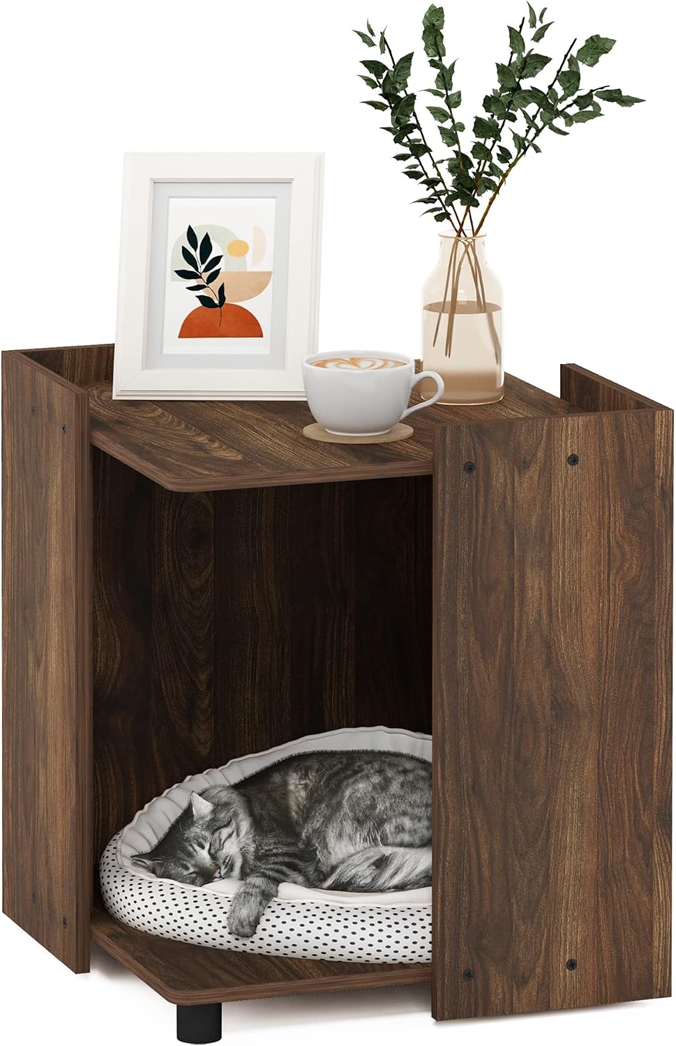 PELI Cat Litter Box Enclosure, 17" Square Hidden Litter Box Furniture with Open Storage, Wooden Pet House, Easy Assembly, for Living Room, Columbia Walnut