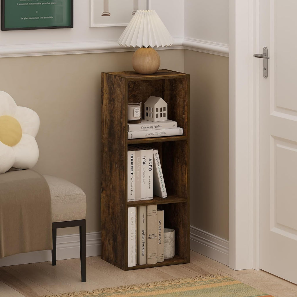 Book Shelf, 3-Cube Bookshelf, Bookcase with Open Shelves, 9.3 x 12 x 31.5, Easy Assembly, for Living Room, Bedroom, Home Office, Amber Pine