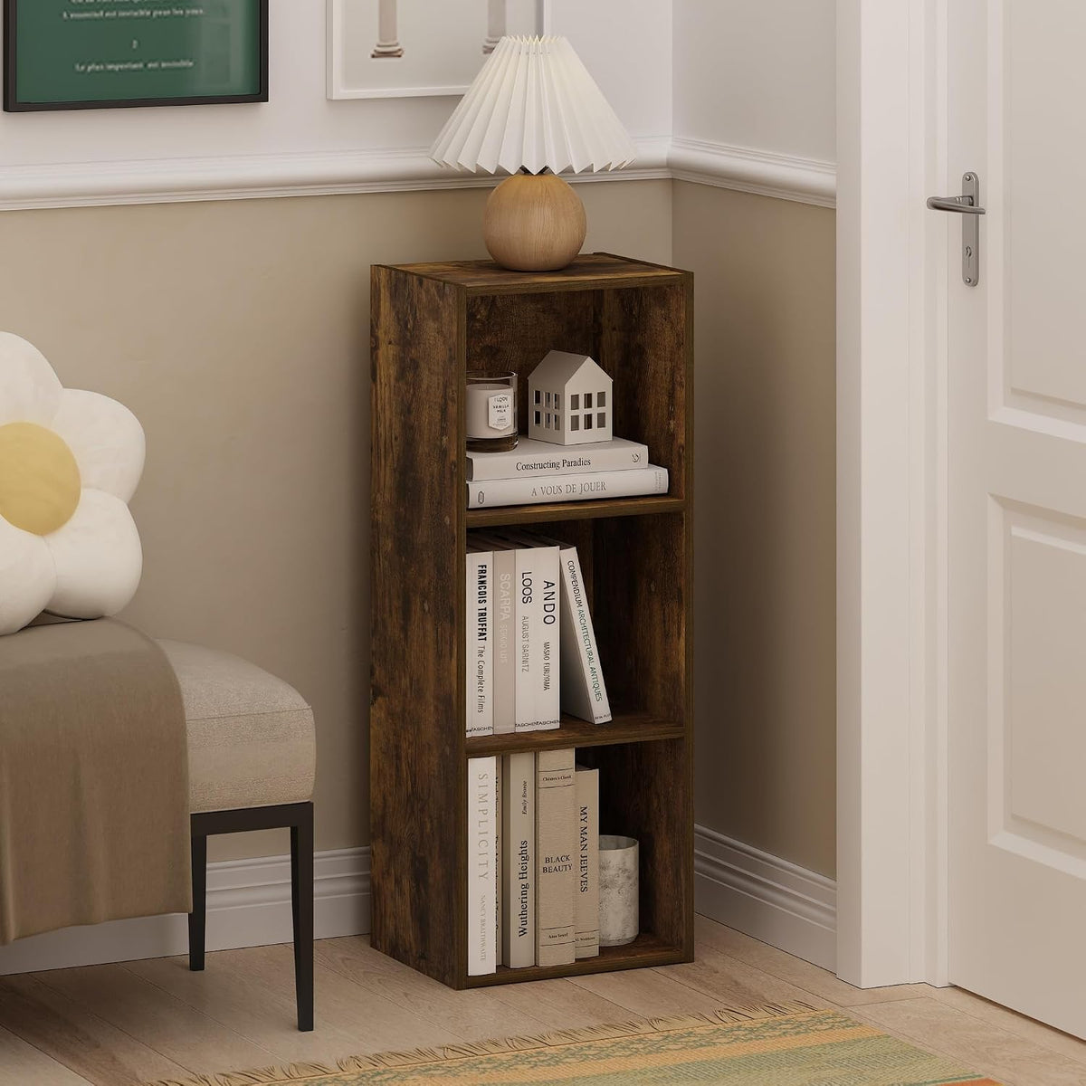 Book Shelf, 3-Cube Bookshelf, Bookcase with Open Shelves, 9.3 x 12 x 31.5, Easy Assembly, for Living Room, Bedroom, Home Office, Amber Pine