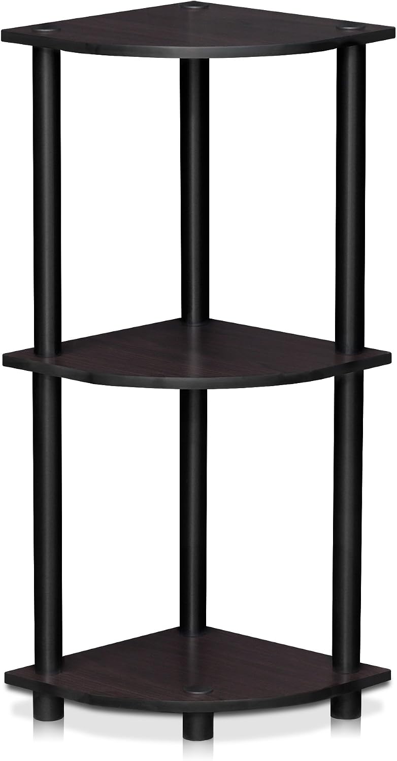 Turn-N-Tube Toolless Assembly 3-Tier Corner Shelf, Black Corner Book Shelf, Open Shelves Bookshelf, for Organization and Storage, Living Room, Home Office, Bedroom, Dark Mocha