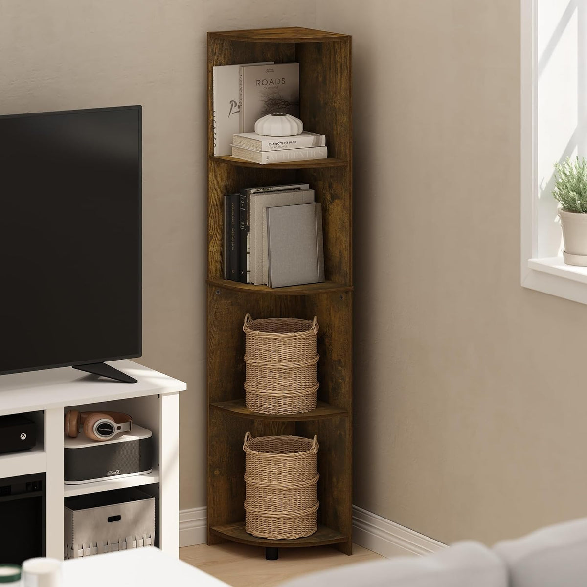Econ Corner Shelf, 4-Tier Rustic Brown Corner Book Shelf, Storage Shelves, Display Rack, Bookshelf, for Organization and Storage, Living Room, Home Office, Amber Oak