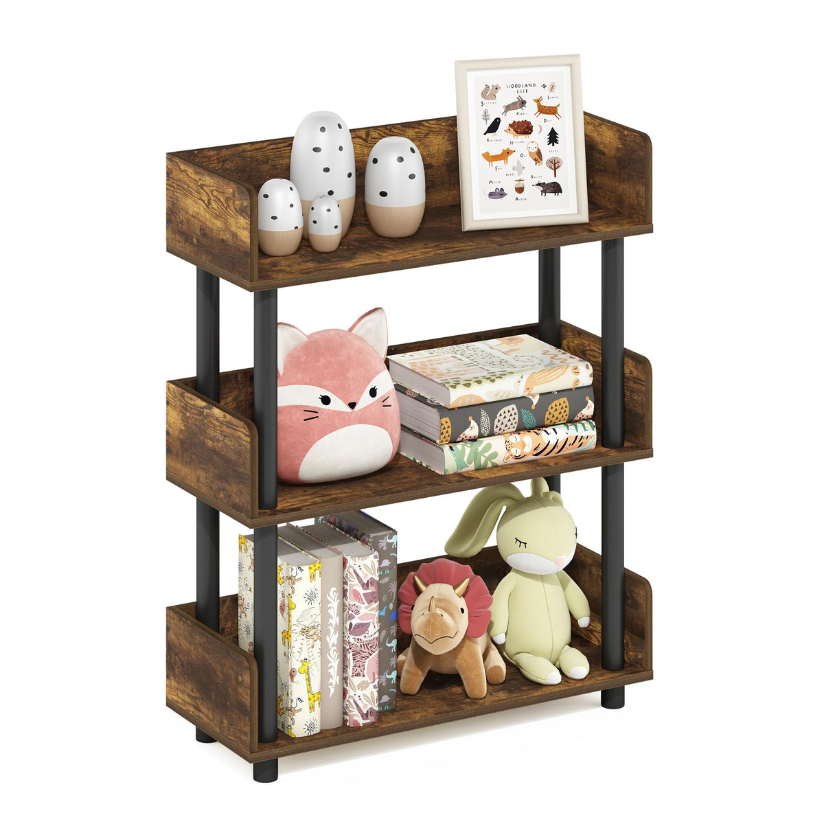 99152BE/WH/IV 3-Tier Go Green Multipurpose Storage Rack Shelving Unit Bookshelf Cabinet with 2 Bins, Beech Finish