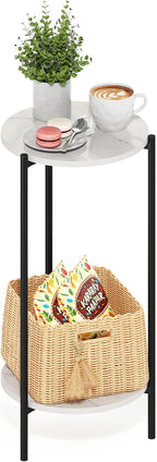 Besi 2-Tier Tall Round Side Table with Metal Legs, Light Marble