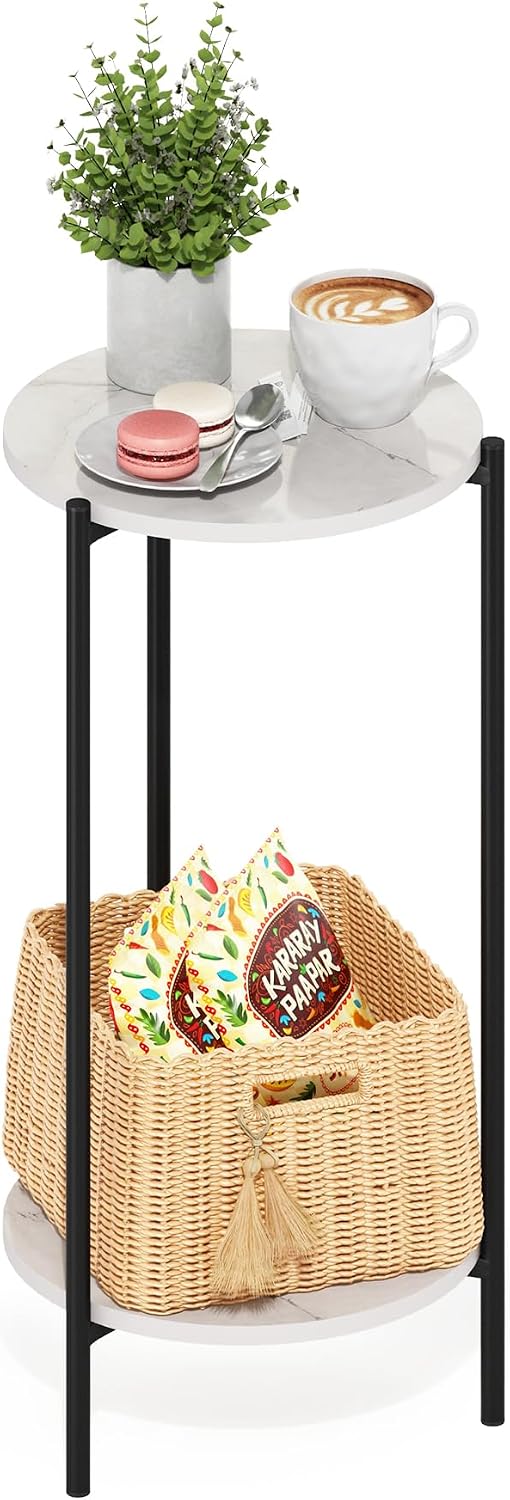 Besi 2-Tier Tall Round Side Table with Metal Legs, Light Marble