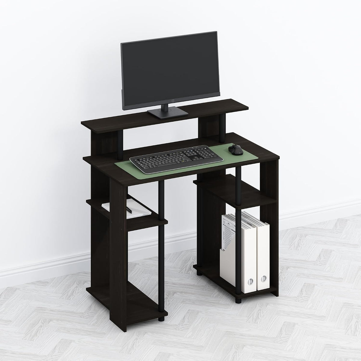 TOMI 35.3" Wide Desk with Hutch and Storage Shelves, Walnut