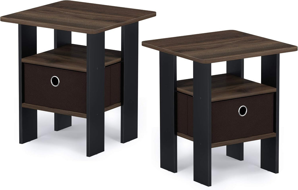Andrey Set of 2 End Table / Side Table / Night Stand / Bedside Table with Bin Drawer, Columbia Walnut/Dark Brown