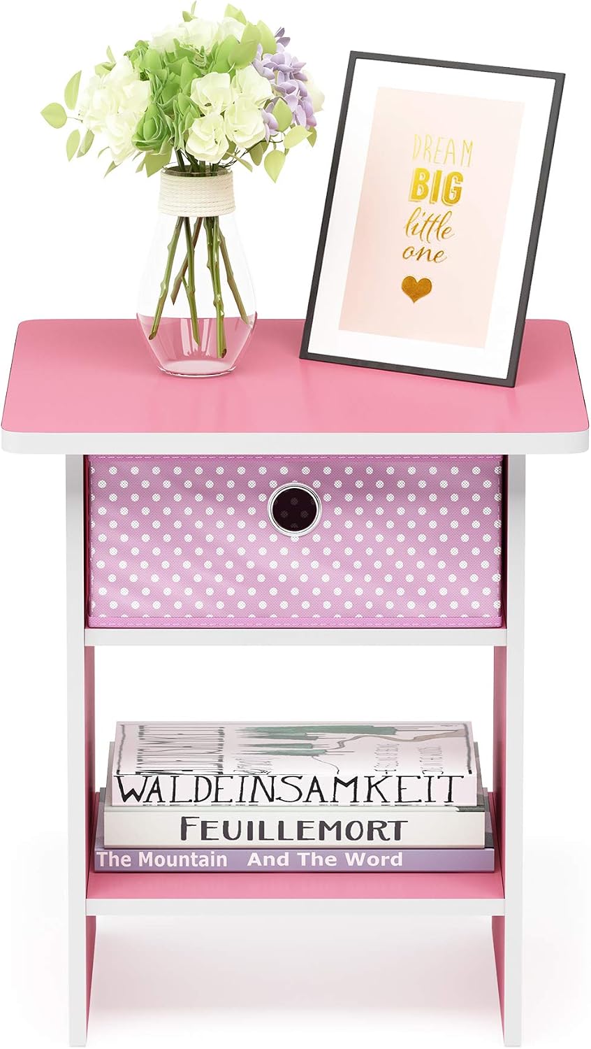 Dario Side Table with Bin Drawer, Pink End Table with Open Shelves, Night Stand, Bedside Table for Living Room, Bedroom, Home Office, for Living Room, Bedroom, Pink