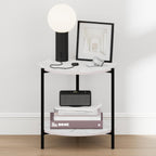 BESI Night Stand, 2-Tier Wide Round Nightstand, Metal Frame End Table, Bedside Table, Side Table with Open Shelf, for Living Room, Bedroom, Marble White