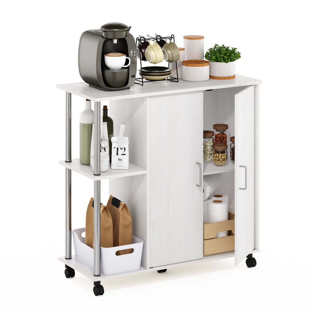 Helena Utility Kitchen Island and Storage Cart on Wheels, 4-Tier, Stainless Steel Tubes, White Oak/Chrome