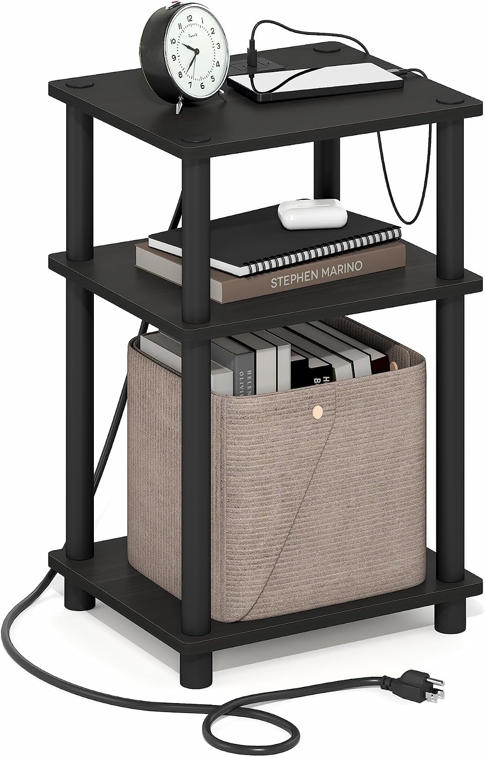 Just 3-Tier Charging Station Side Table, End Table, Black Espresso