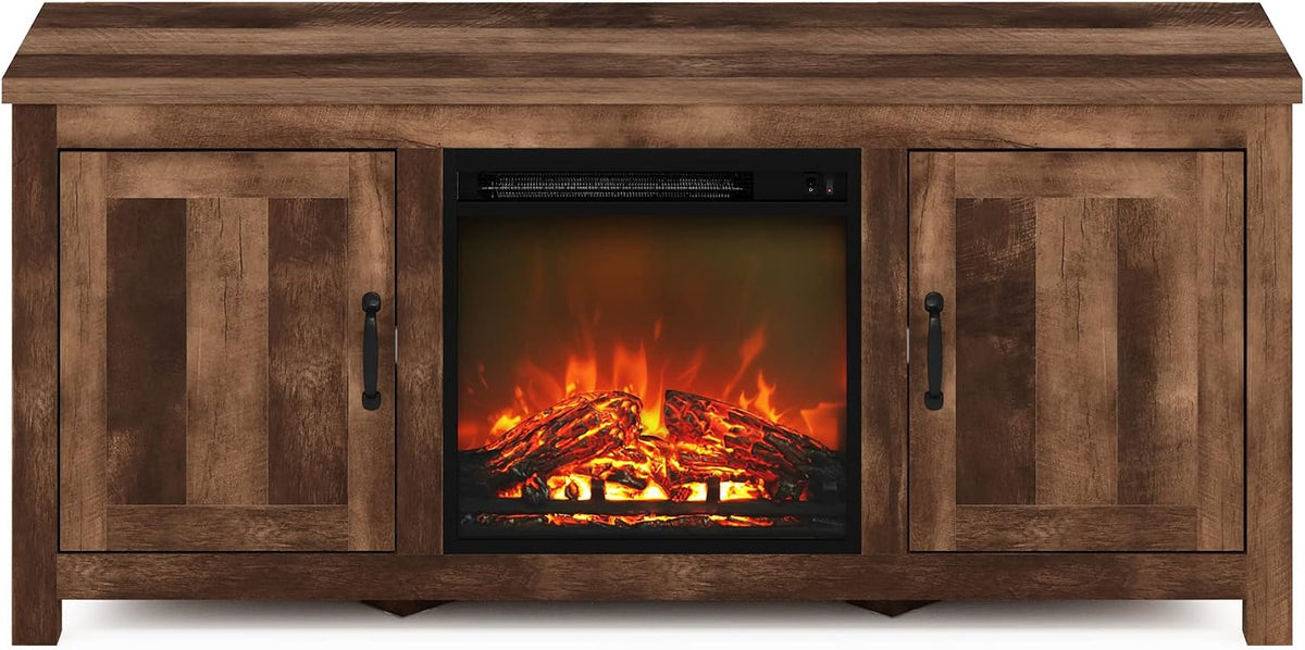 Jensen Farmhouse Barn Door Fireplace Stand with Storage Cabinet for TV up to 60 Inch, Rustic Brown