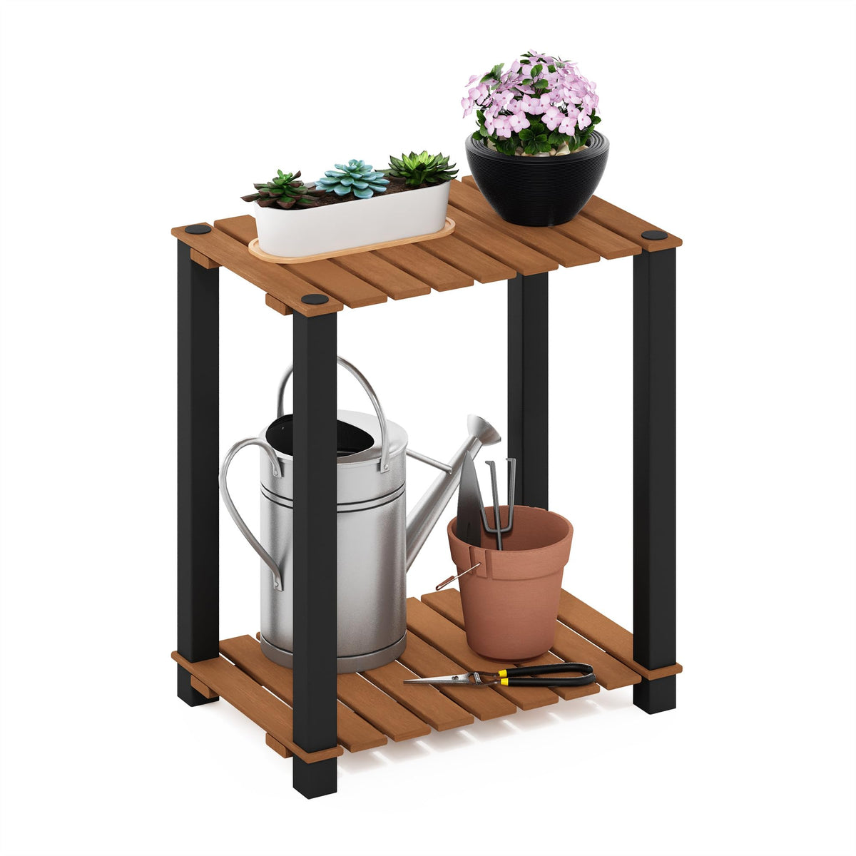 Pangkor 3-Tier Turn-N-Tube Indoor Outdoor Plant Shelf Wood Stand with Square Poles, Natural/Black