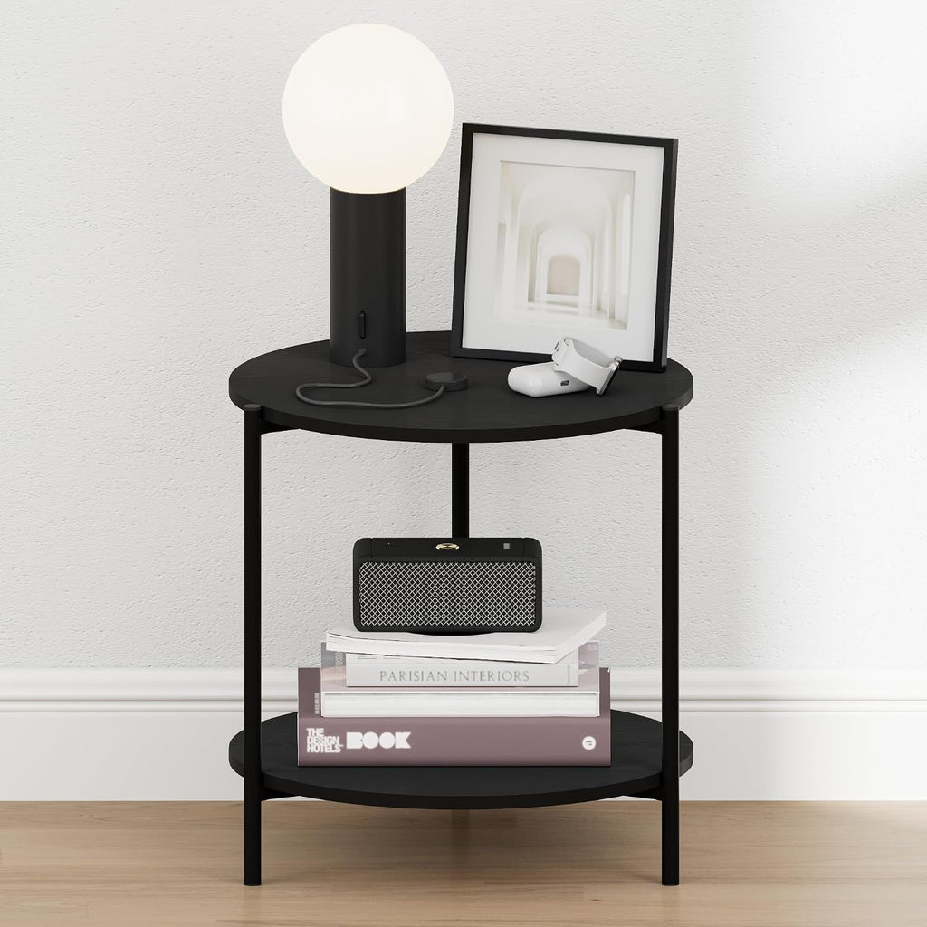 BESI Night Stand, 2-Tier Wide Round Nightstand with Metal Legs, Metal Frame End Table, Bedside Table, Side Table with Open Shelf, for Living Room, Bedroom, Americano