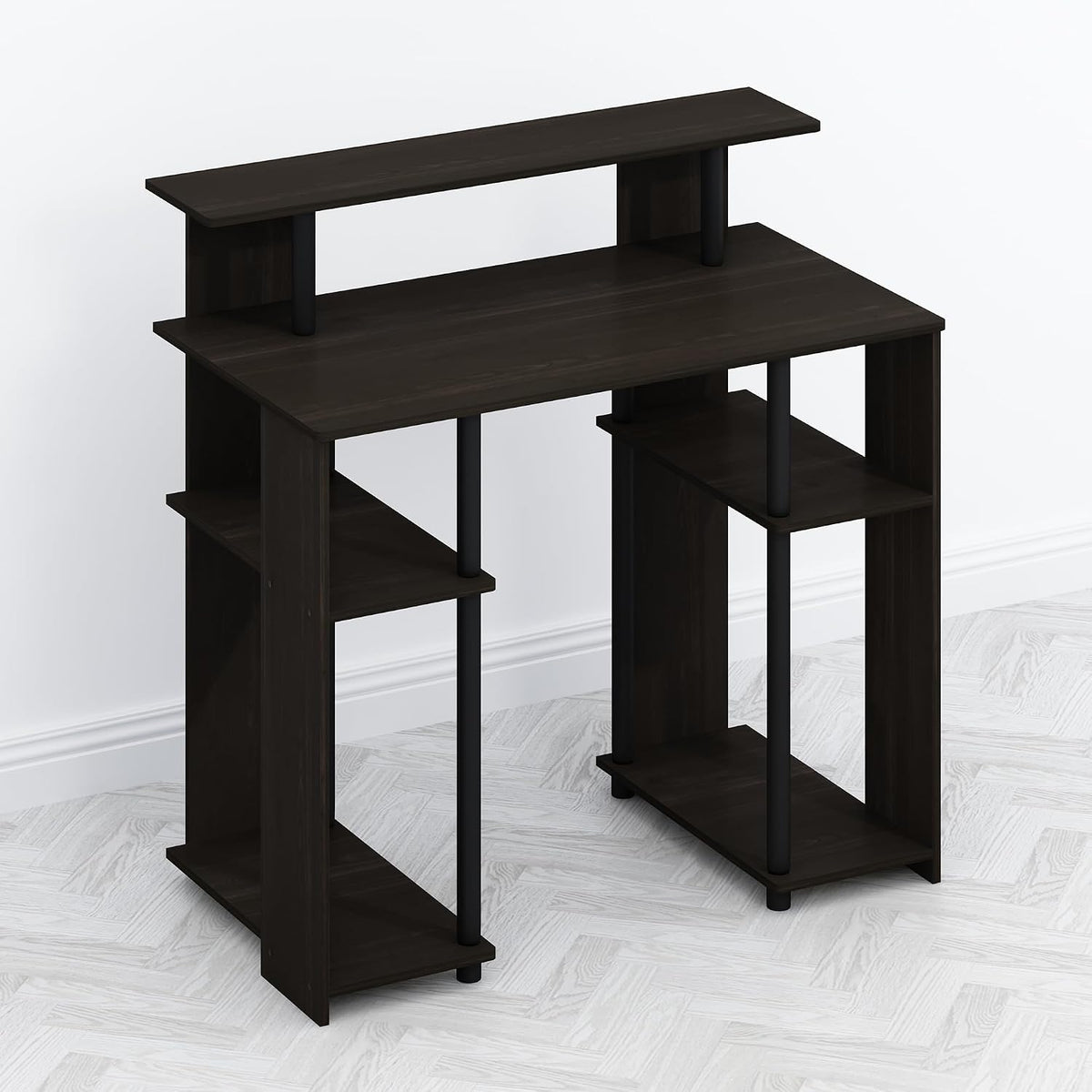 TOMI 35.3" Wide Desk with Hutch and Storage Shelves, Walnut