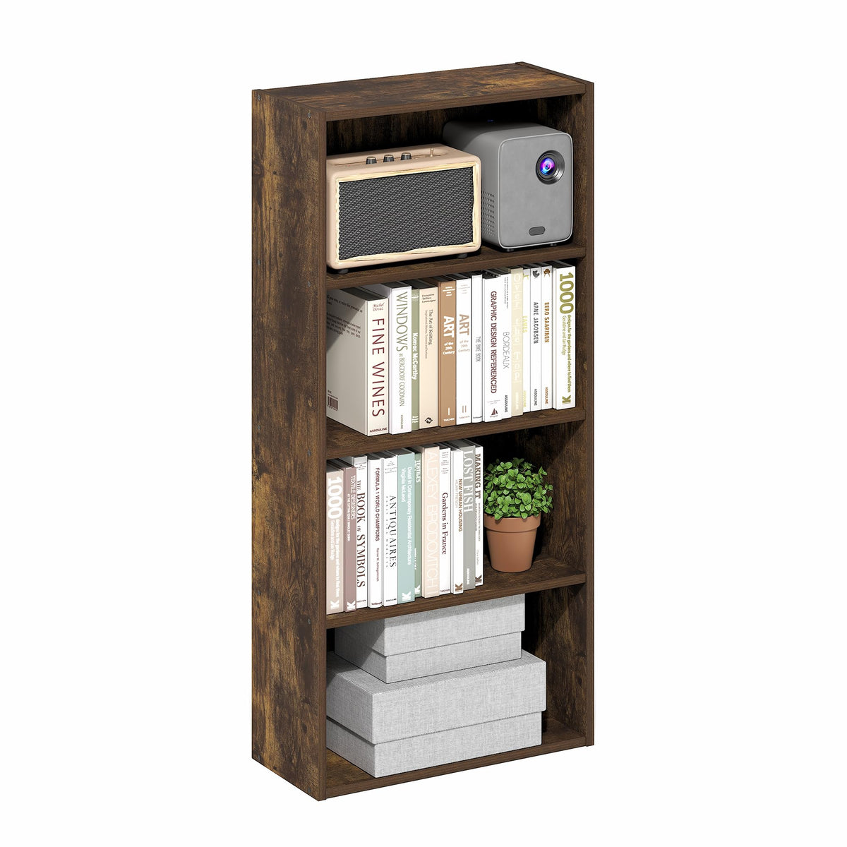Basic Book Shelf, 4-Tier Bookcase with Open Shelf, Bookshelf, Cube Storage Organizer, 11 x 17 x 35, for Living Room, Bedroom, Home Office, Amber Pine