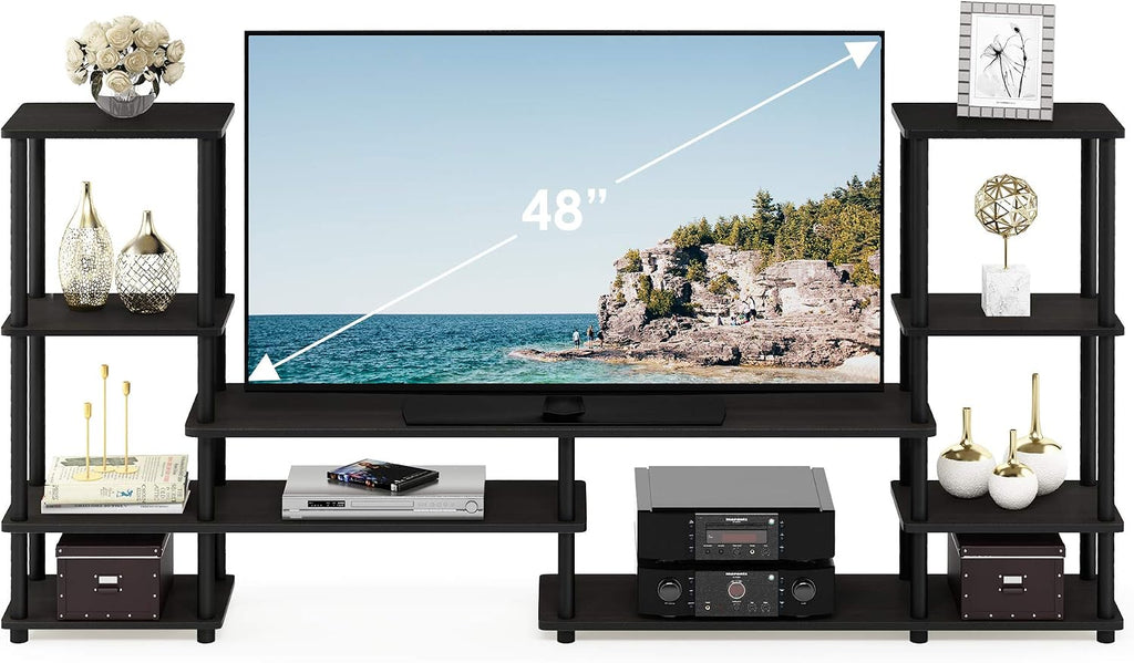 Turn-N-Tube TV Stand, Wide Open Frame Entertainment Center with Storage, TV Console with Tall Side Shelves for TV up to 48 Inch, for Living Room, Bedroom, Espresso
