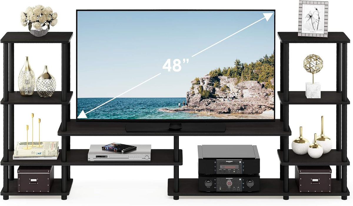 Turn-N-Tube TV Stand, Wide Open Frame Entertainment Center with Storage, TV Console with Tall Side Shelves for TV up to 48 Inch, for Living Room, Bedroom, Espresso