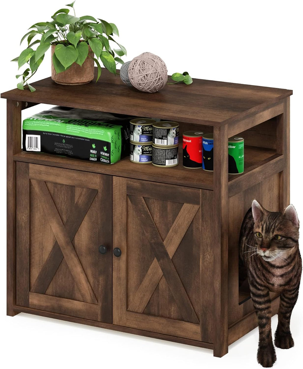 PELI Farmhouse Style Cat Litter Box Enclosure, Rustic Brown