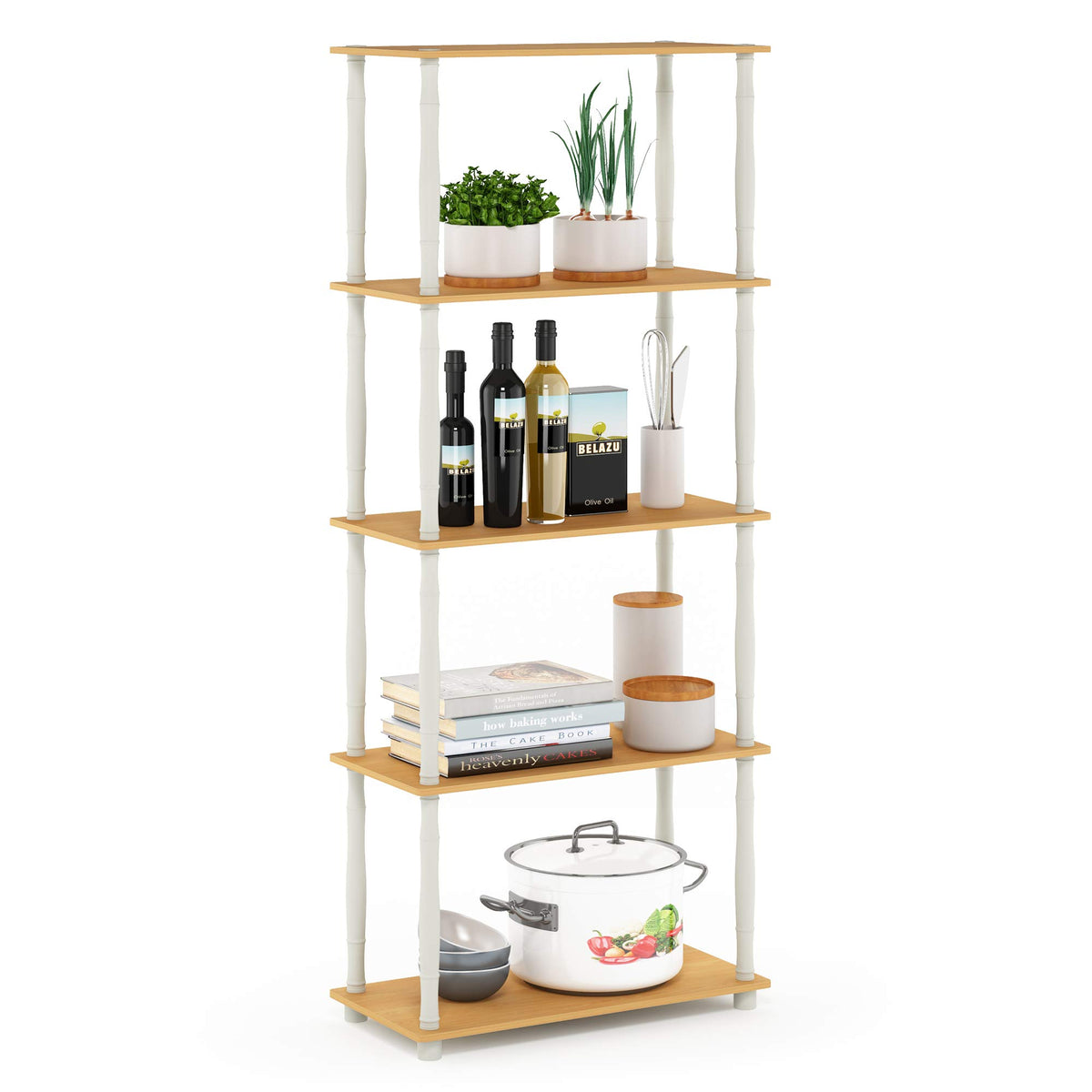 99152BE/WH/IV 3-Tier Go Green Multipurpose Storage Rack Shelving Unit Bookshelf Cabinet with 2 Bins, Beech Finish
