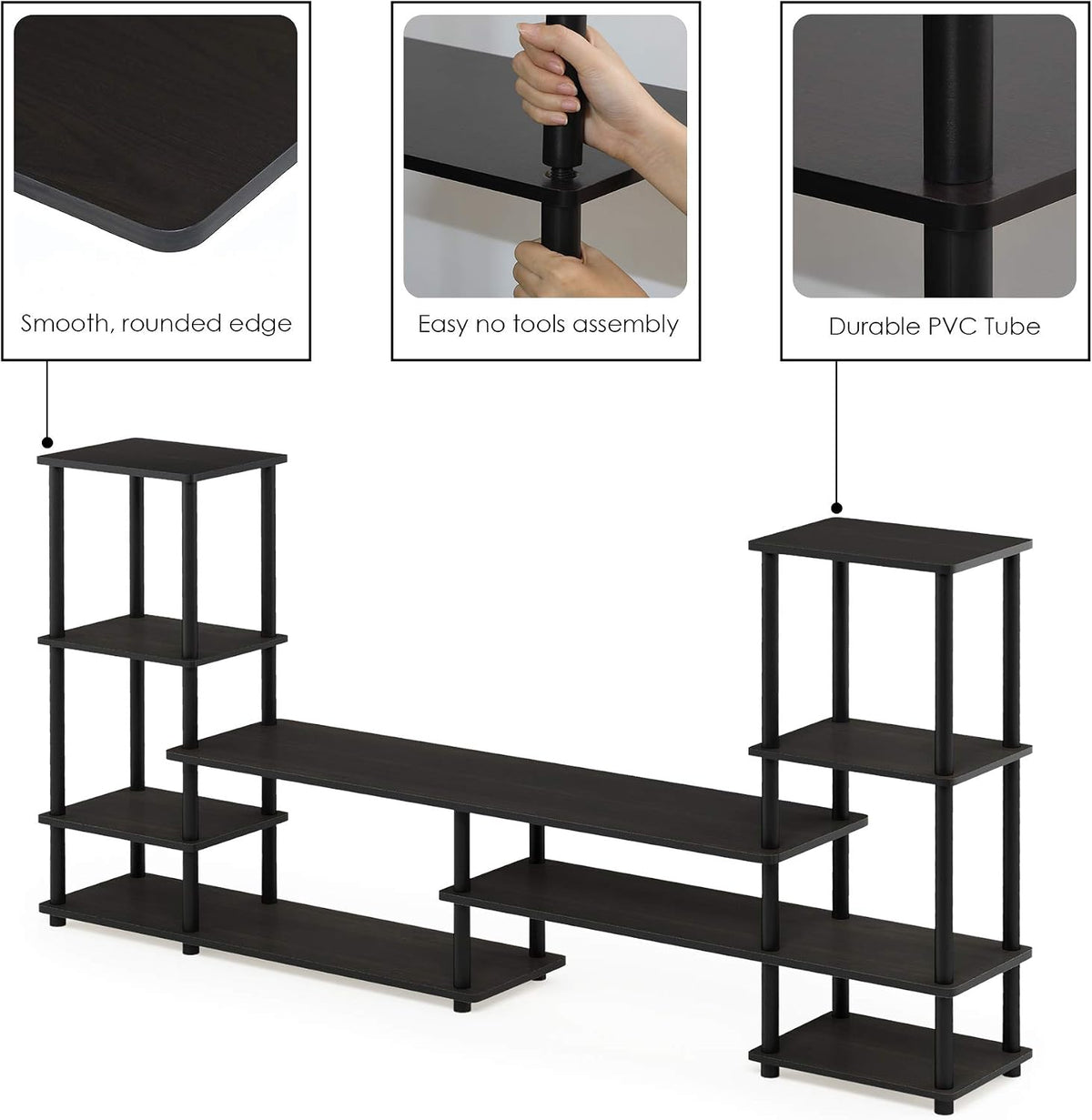 Turn-N-Tube TV Stand, Wide Open Frame Entertainment Center with Storage, TV Console with Tall Side Shelves for TV up to 48 Inch, for Living Room, Bedroom, Espresso