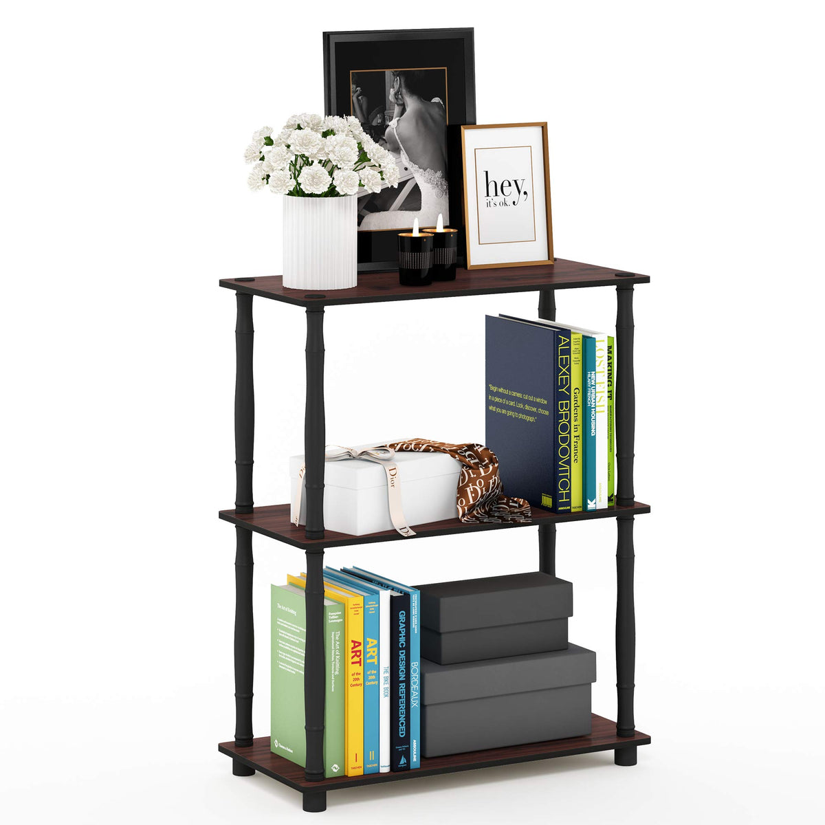 99152BE/WH/IV 3-Tier Go Green Multipurpose Storage Rack Shelving Unit Bookshelf Cabinet with 2 Bins, Beech Finish