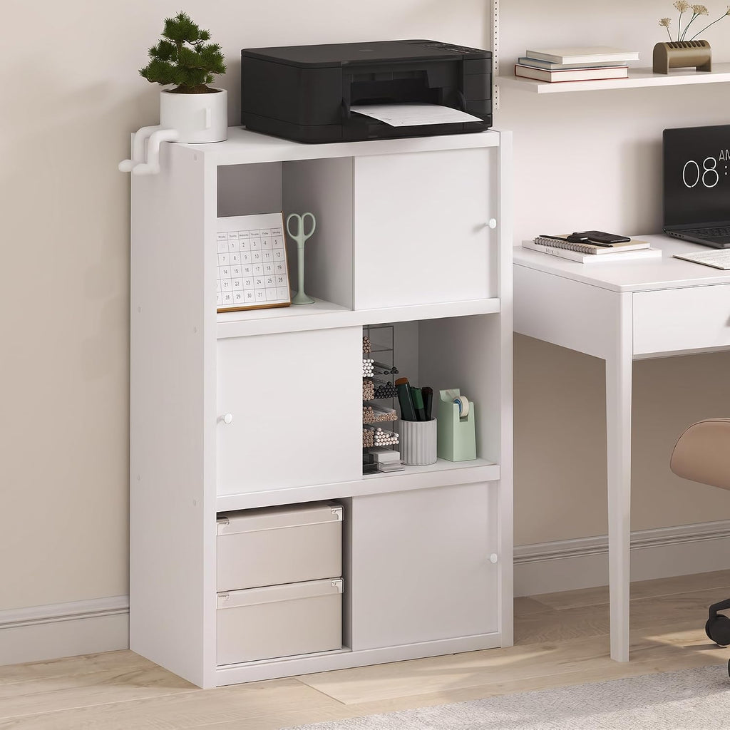 Cubicle 6-Cube Book Shelf with Sliding Doors, White