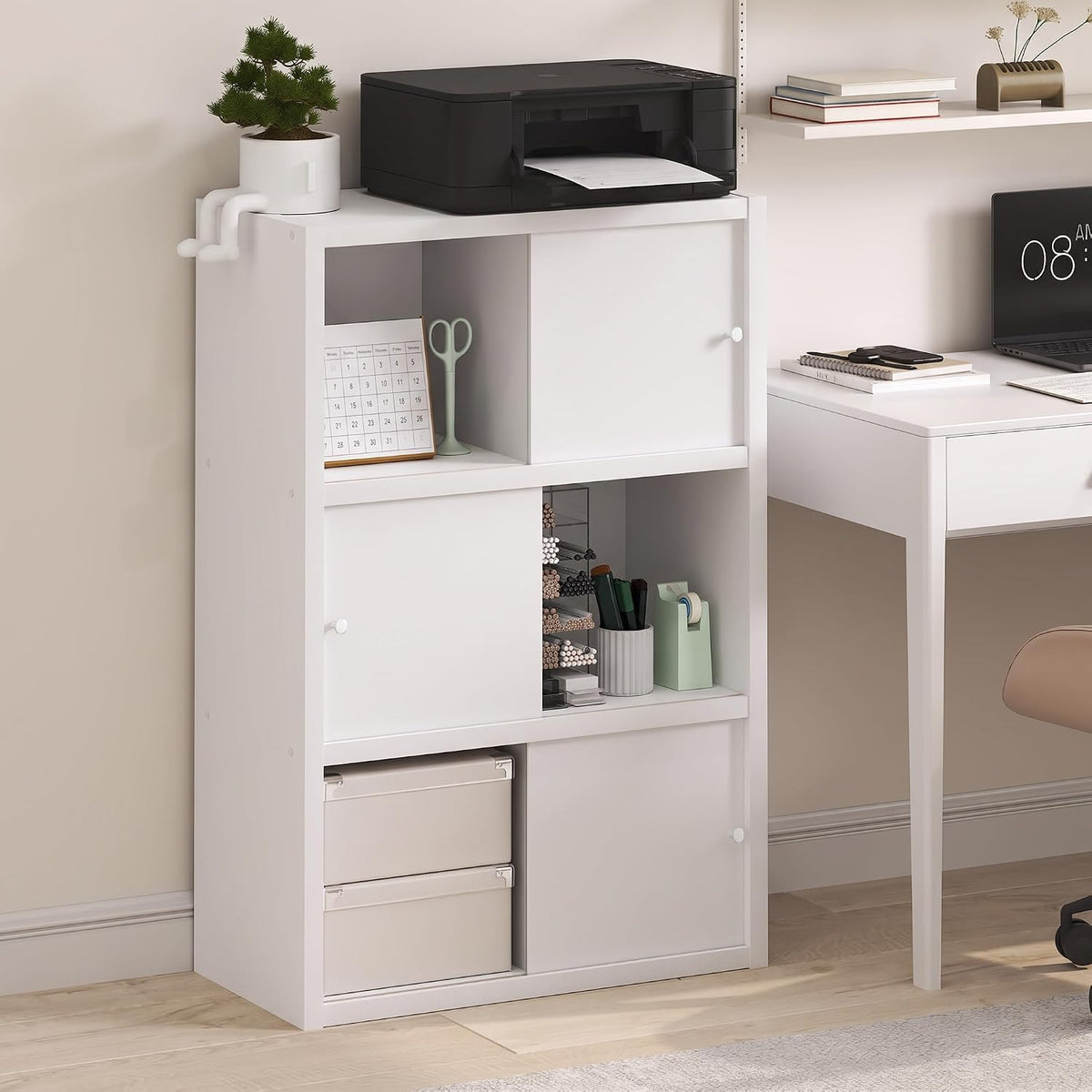 Cubicle 6-Cube Book Shelf with Sliding Doors, White