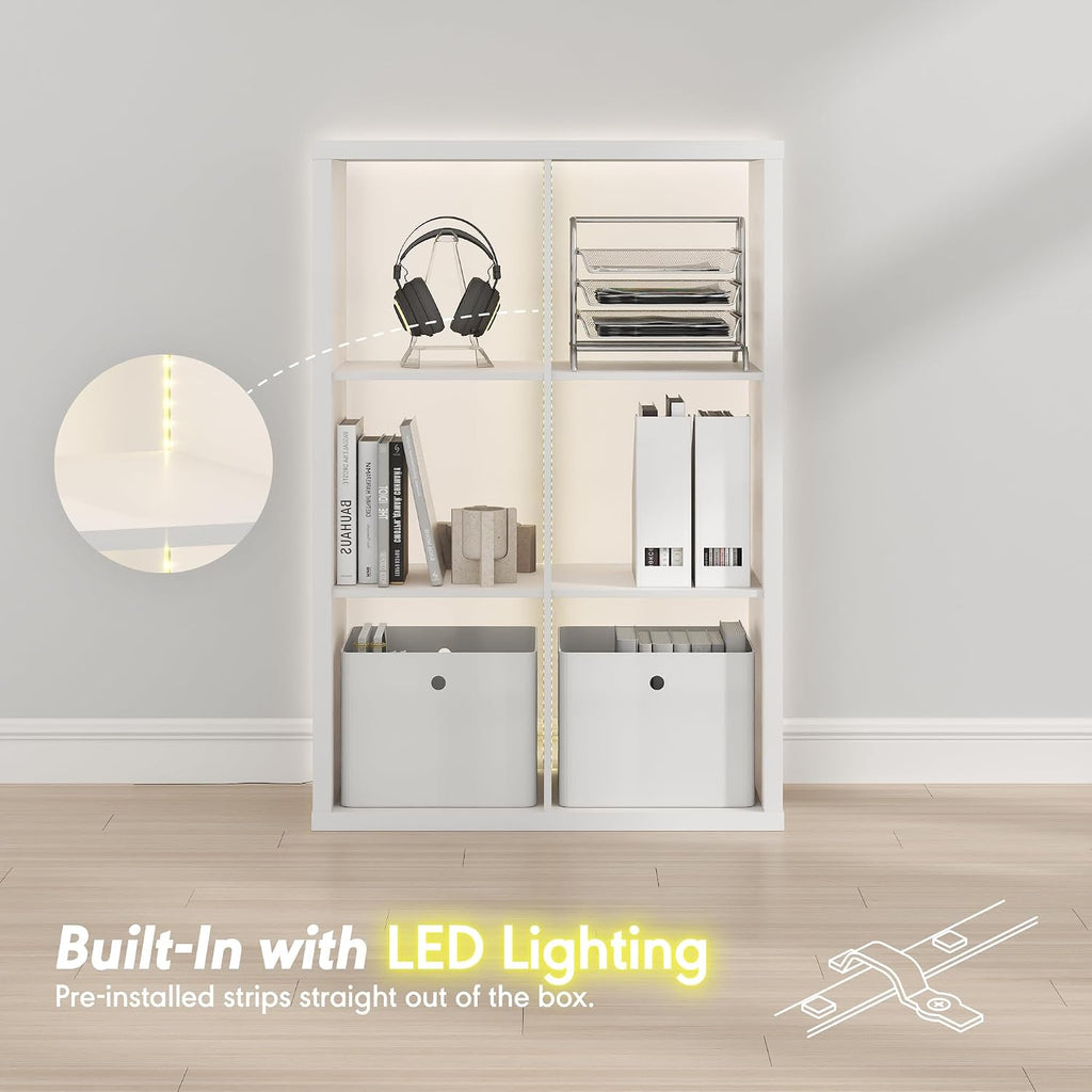Cubicle Book Shelf with LED Lights, 6-Cube Bookshelf, Reversible Extra Thick Frame Bookcase, Display Storage Shelves, for Living Room, Bedroom, Home Office, White