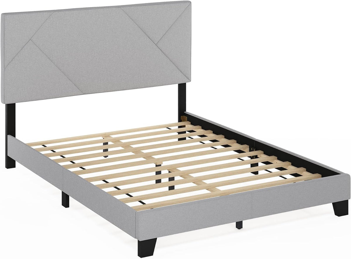 Skylar Bed Frame, Queen Size Bedframe with Geometric Design Upholstered Headboard, Bed with Adjustable Headboard, No Box Spring Needed, 12pcs Wooden Slat Support, for Bedroom, Dorm, Glacier