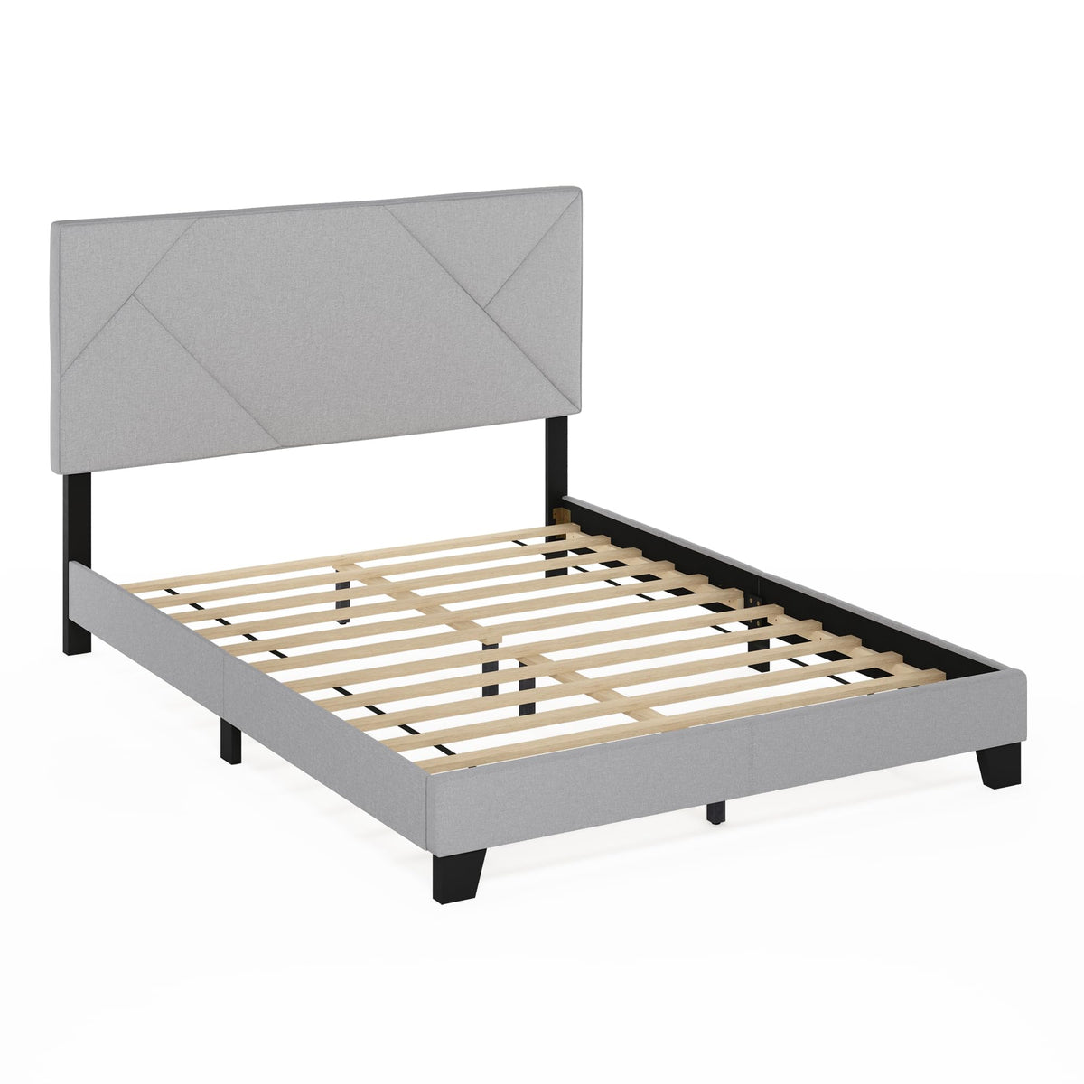 Skylar Full Size Bed Frame with Geometric Design Upholstered Headboard, Bedframe with Adjustable Headboard, No Box Spring Needed, 12pcs Wooden Slat Support, for Bedroom, Dorm, Light Grey