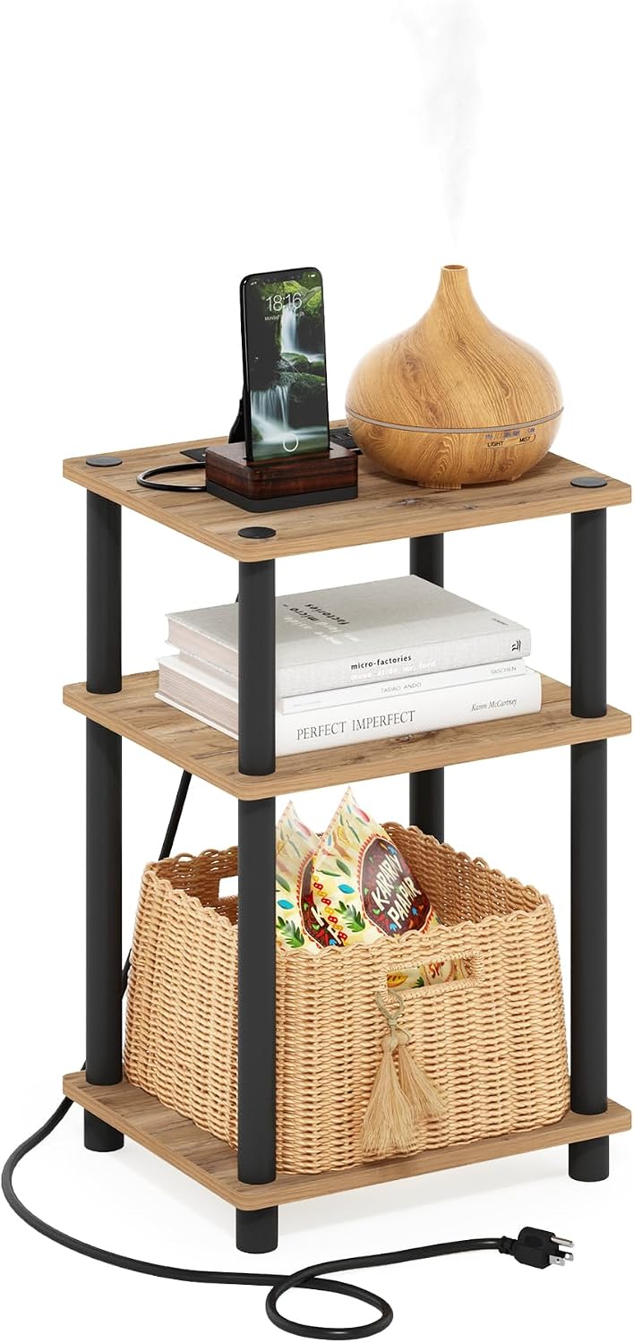 Just 3-Tier Turn-N-Tube USB and Type-C Charging Port End Table with Open Storage, 11.42 (W) x 8.82 (H) x 6.77 (D) inches, Flagstaff Oak/Black