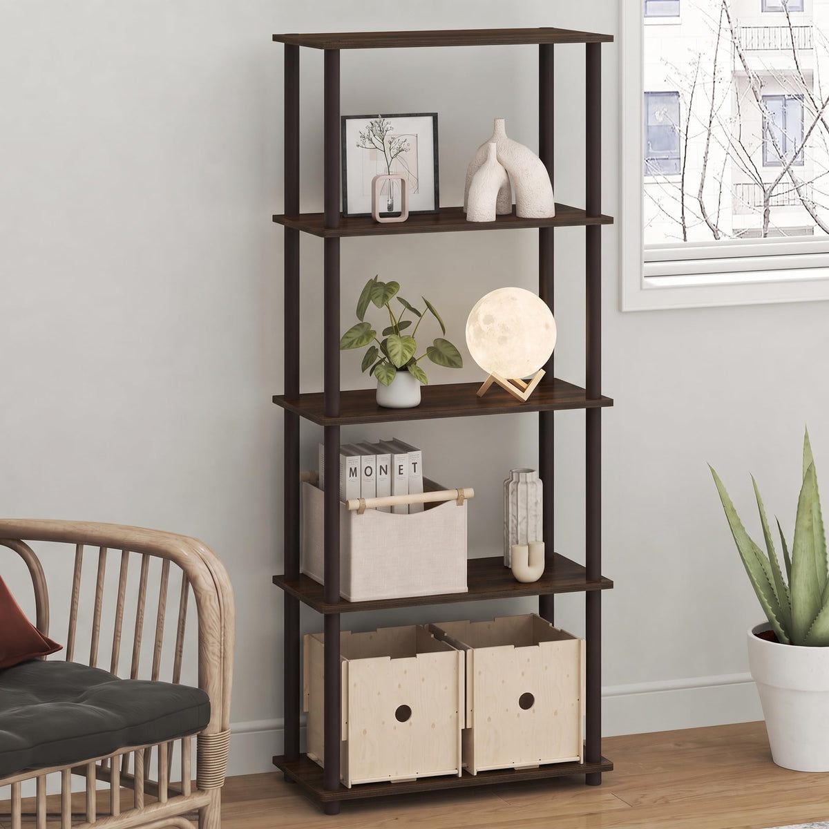 99152BE/WH/IV 3-Tier Go Green Multipurpose Storage Rack Shelving Unit Bookshelf Cabinet with 2 Bins, Beech Finish