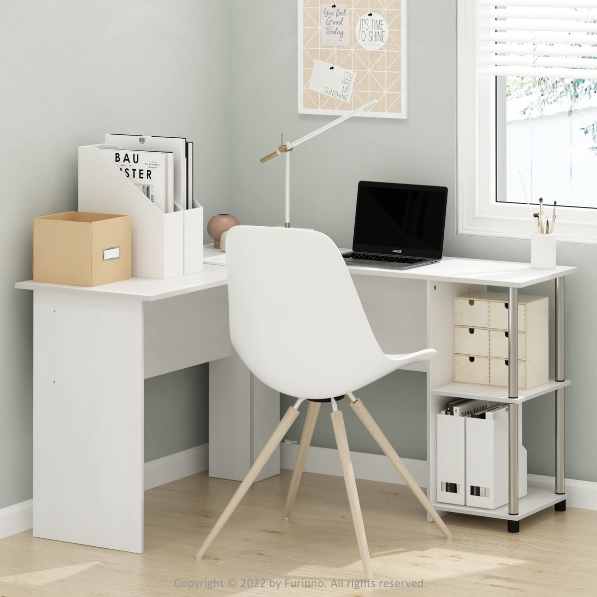 Abbott L-Shape Computer Desk with Bookshelf, French Oak Grey/Black