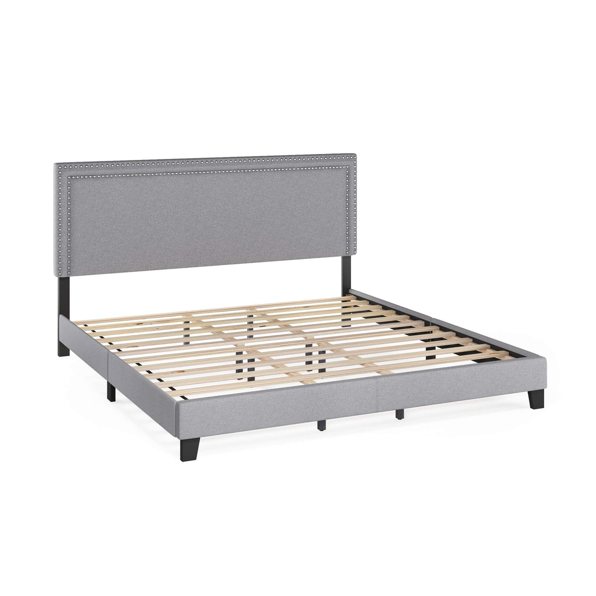 Laval Double Row Nail Head Upholstered Platform Bed Frame, Queen, Stone