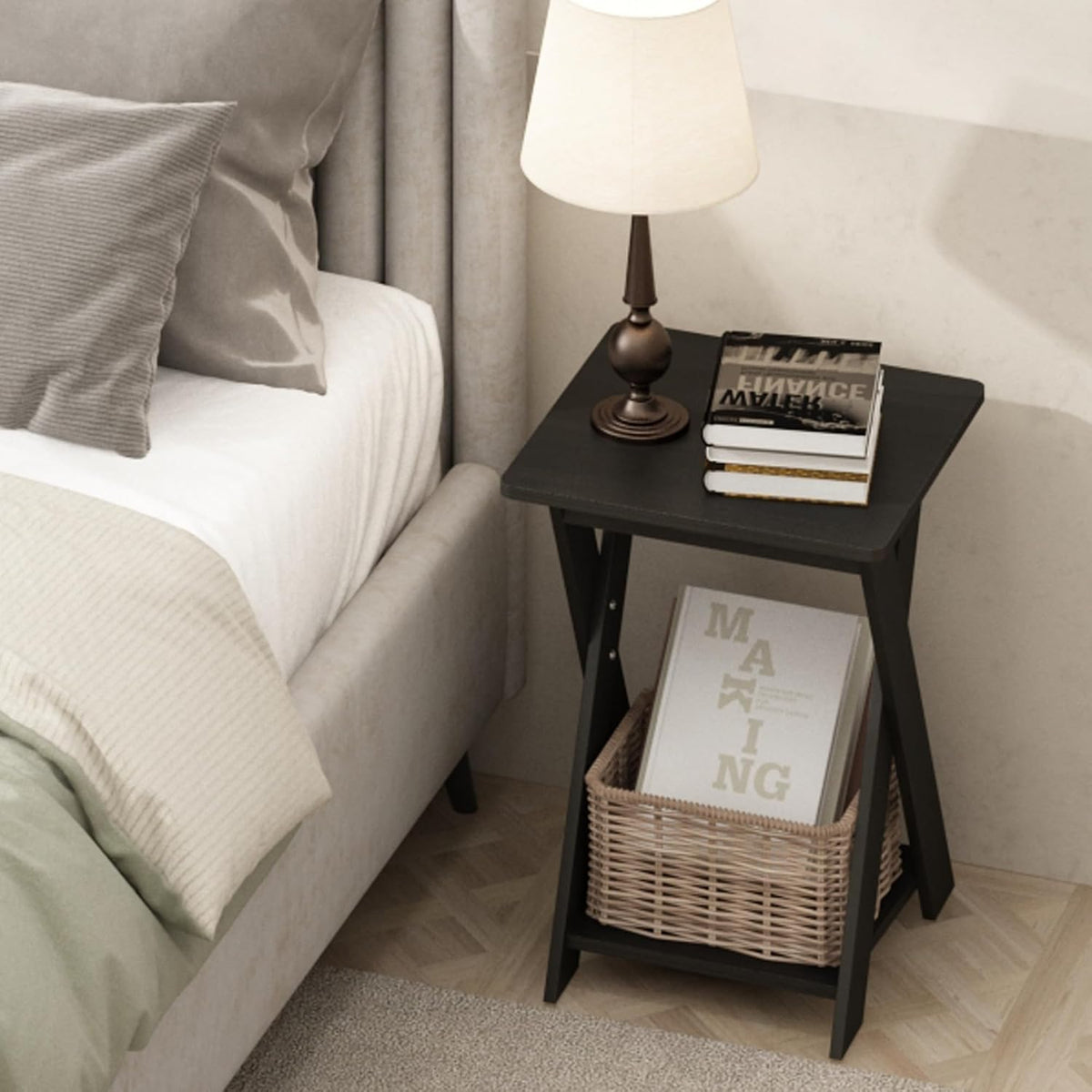 TIDUR Set of 2 Open Shelf X-Legs Night Stand, Espresso