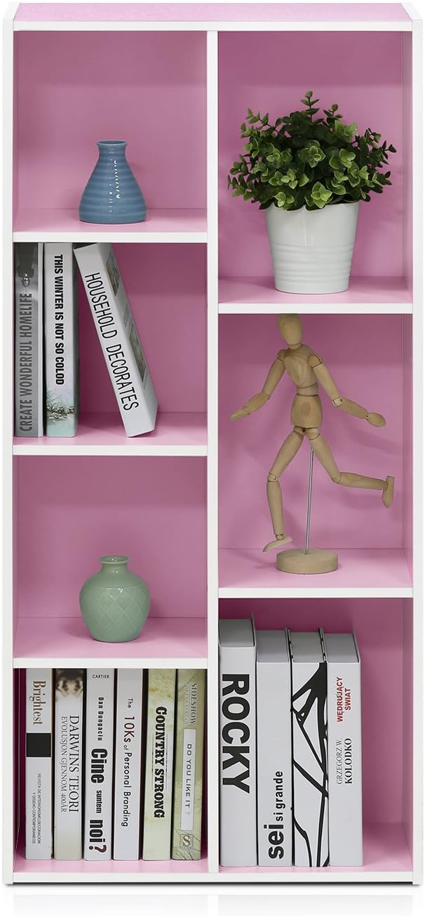 LUDER Book Shelf, 7-Cube Bookshelf, Bookcase with Open Shelves, 9.4 x 19.5 x 41.7, Easy Assembly, for Living Room, Bedroom, Home Office, White/Pink