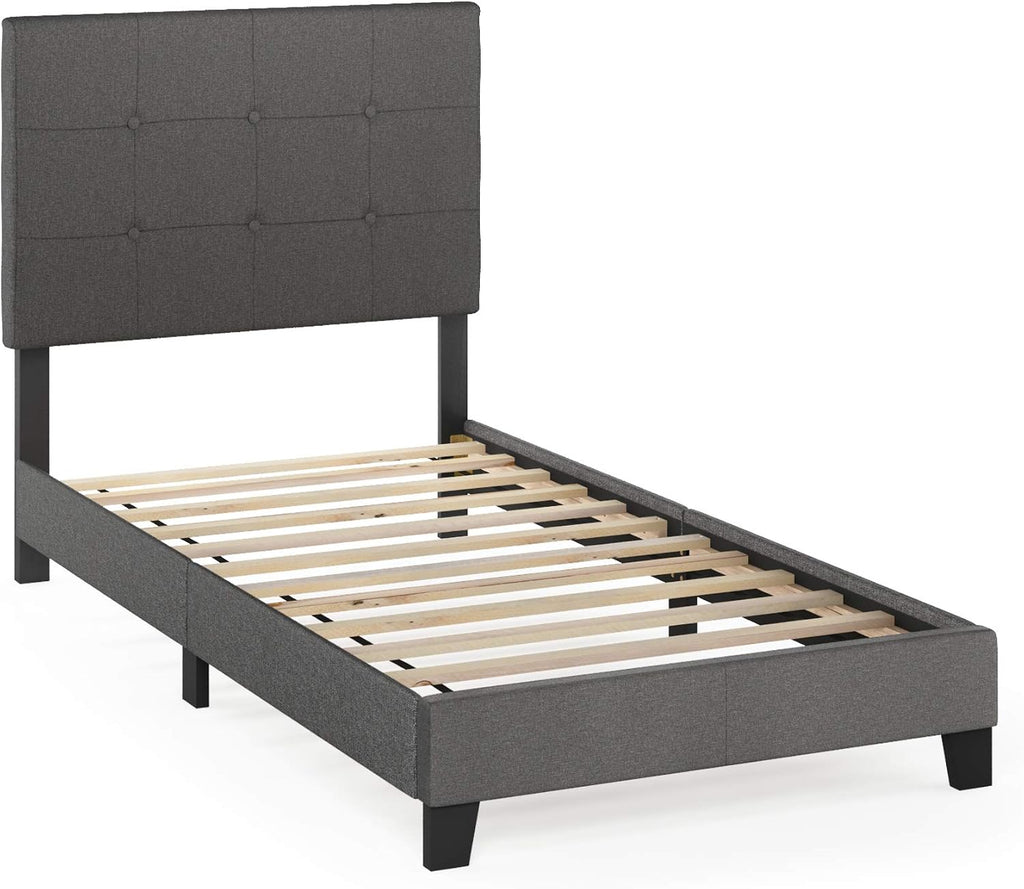 Laval Button Tufted Upholstered Platform Bed Frame, Twin, Stone