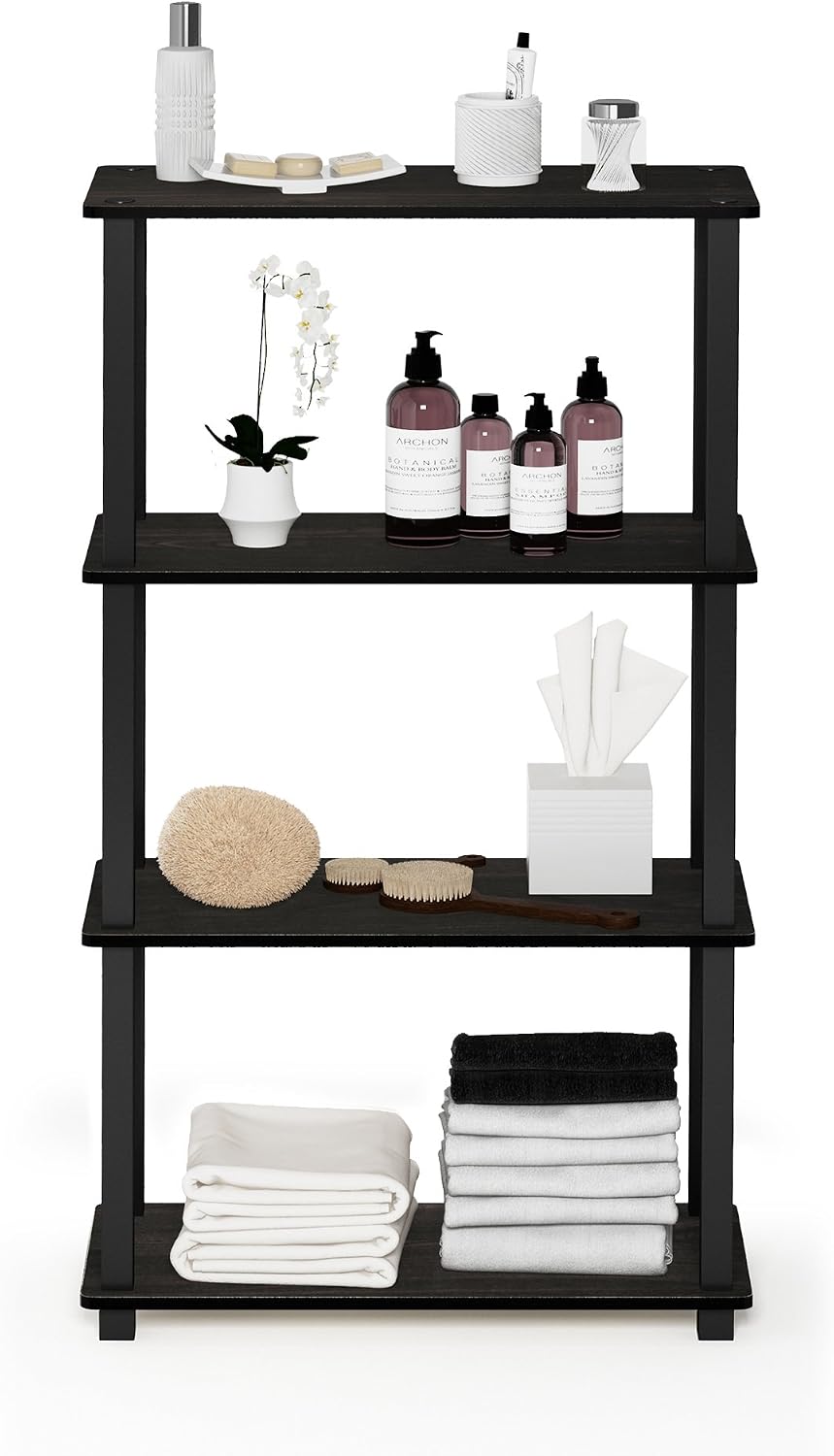 TURN-S-TUBE Storage Shelves, 4-Tier Book Shelf, Corner Shelf, Toolless Open Shelves, for Organization and Storage, Living Room, Garage, Home Office, Espresso