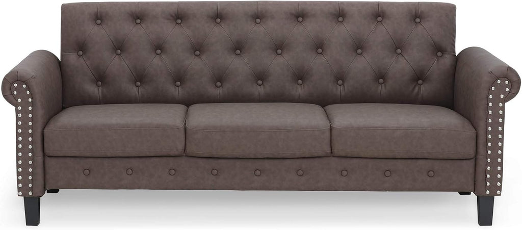 Bastia Vintage Modern Chesterfield Button Tufted 3-Seater Sofa Couch for Living Room, Brown Faux Leather