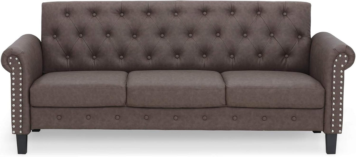 Bastia Vintage Modern Chesterfield Button Tufted 3-Seater Sofa Couch for Living Room, Brown Faux Leather