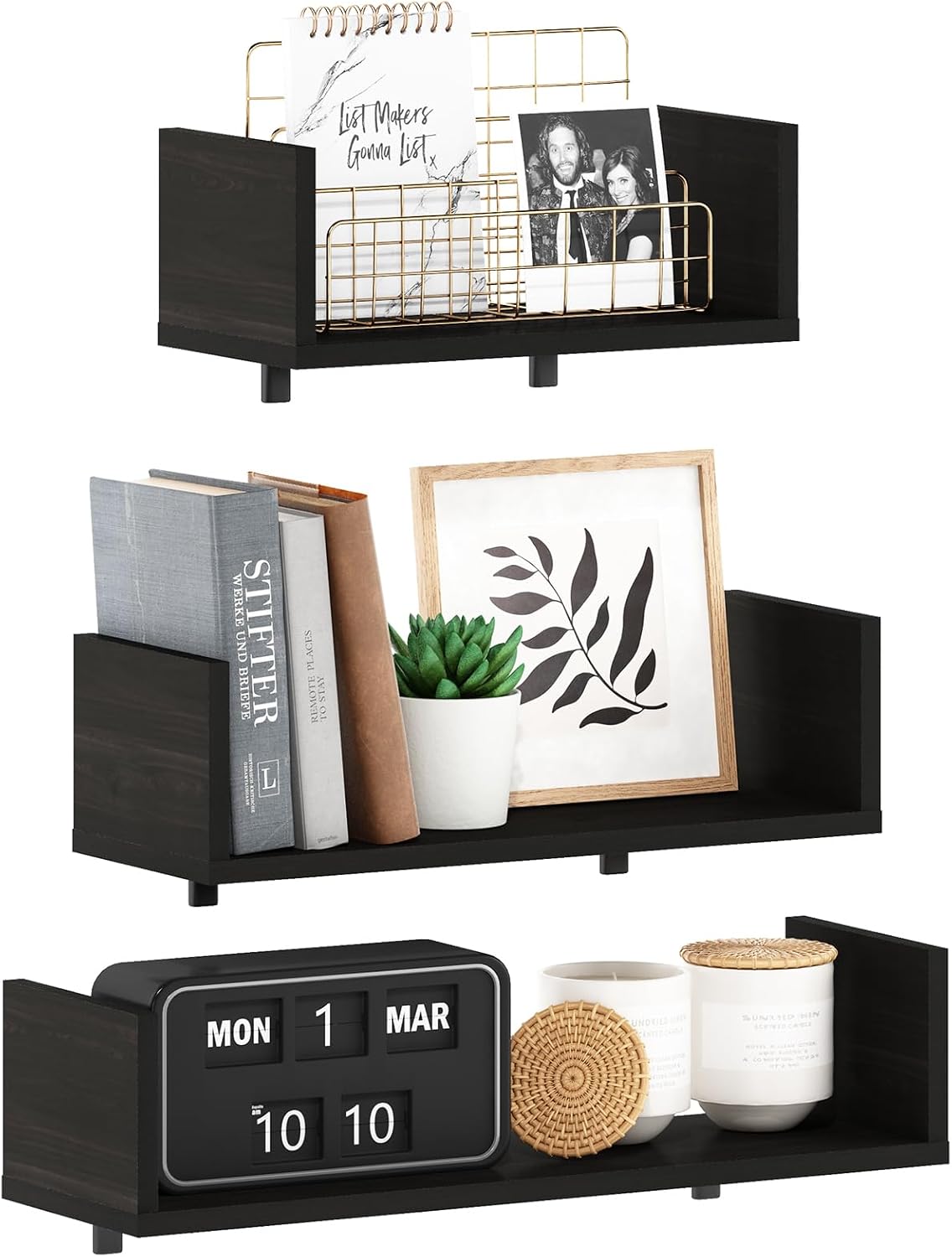 Rossi Floating Shelves for Wall Set of 3, Wall Shelf, Wall Mounted Shelves for Bathroom, Home Office, Living Room, Black Espresso