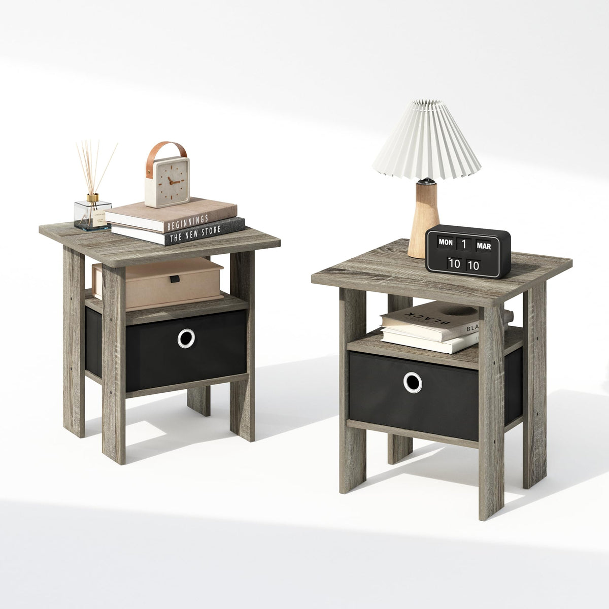 ANDREY Set of 2 Square 2-Tier Side Table, End Table, French Oak