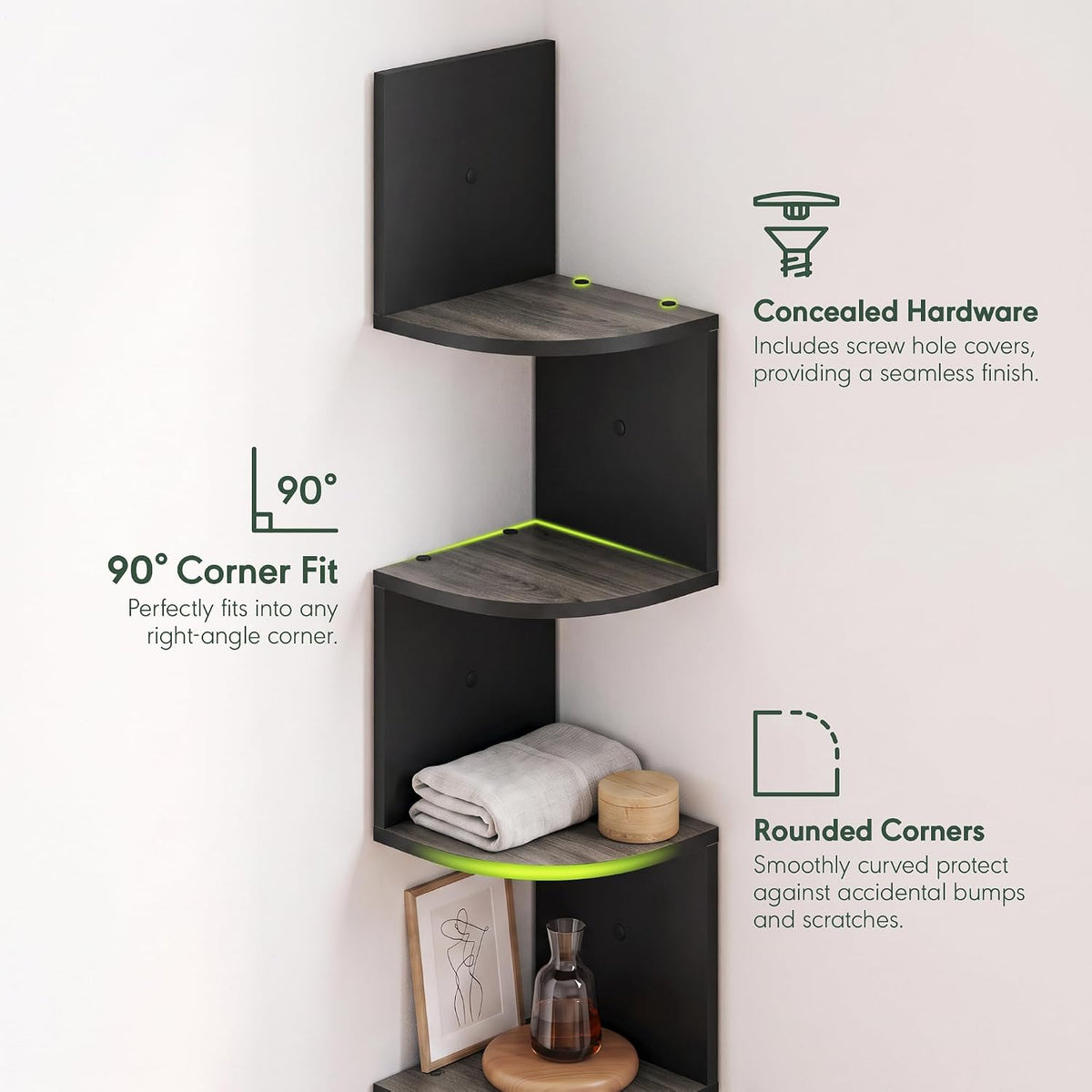 Rossi 5-Tier Corner Floating Book Shelves for Wall, French Oak