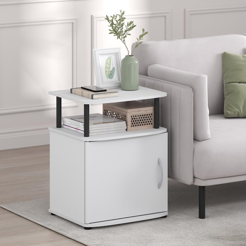 Jaya Side Table, 2-Tier Open Shelf End Table with Door Cabinet, Soft-Edges Night Stand, Bedside Table, for Living Room, Bedroom, White