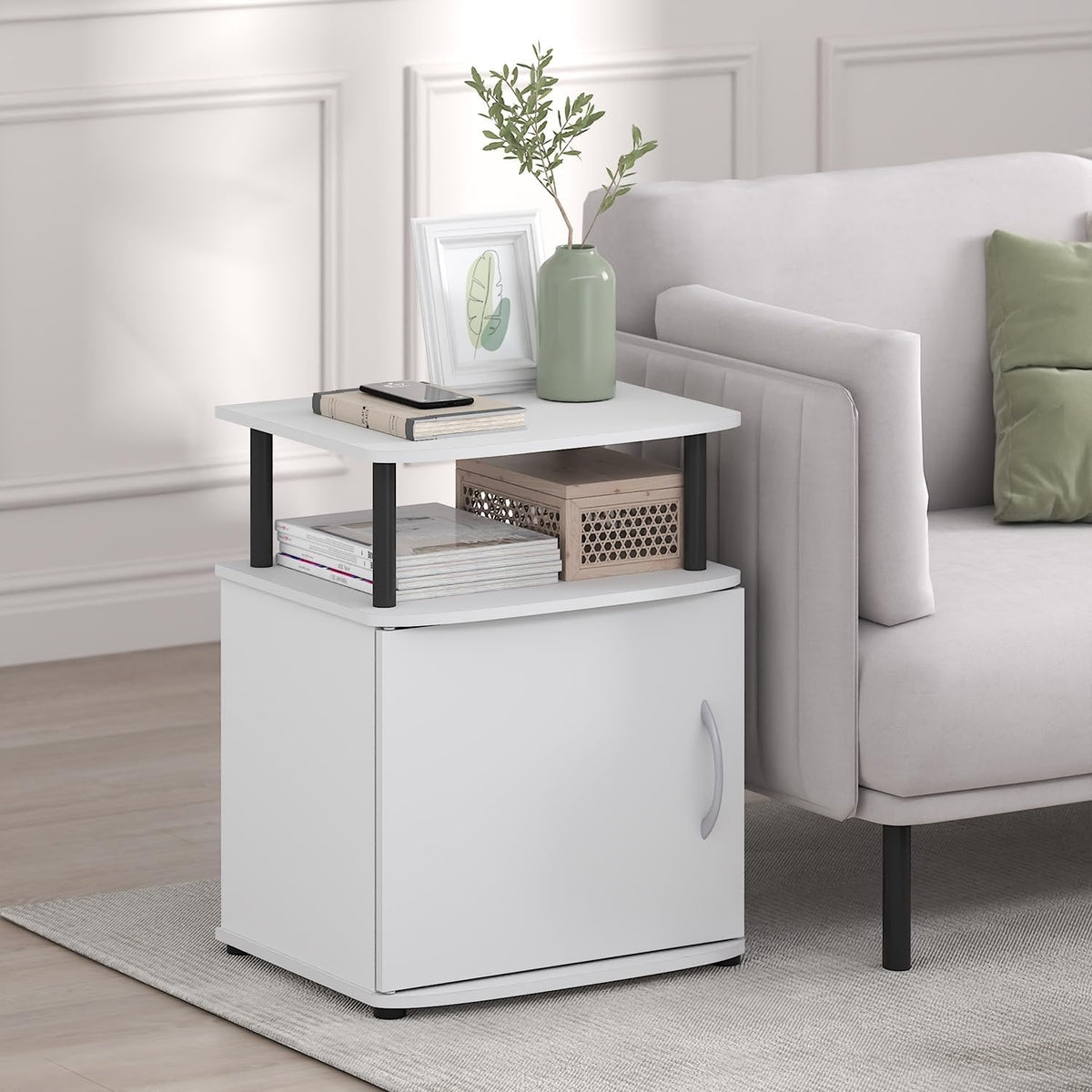 Jaya Side Table, 2-Tier Open Shelf End Table with Door Cabinet, Soft-Edges Night Stand, Bedside Table, for Living Room, Bedroom, White
